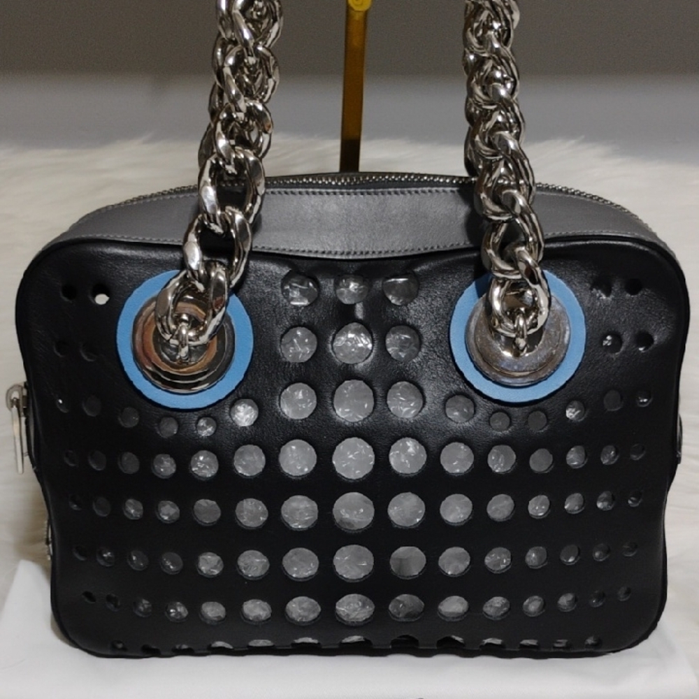 SALE! Prada City Fori Black Leather Perforated Chain Shoulder Bag W Pouch/DB - Picture 2 of 15